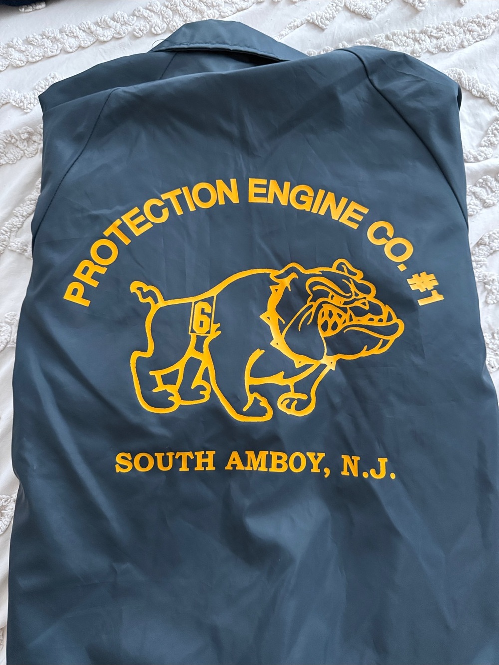 Protection Engine Co. Navy Bomber Jacket with Yellow Bulldog Graphic